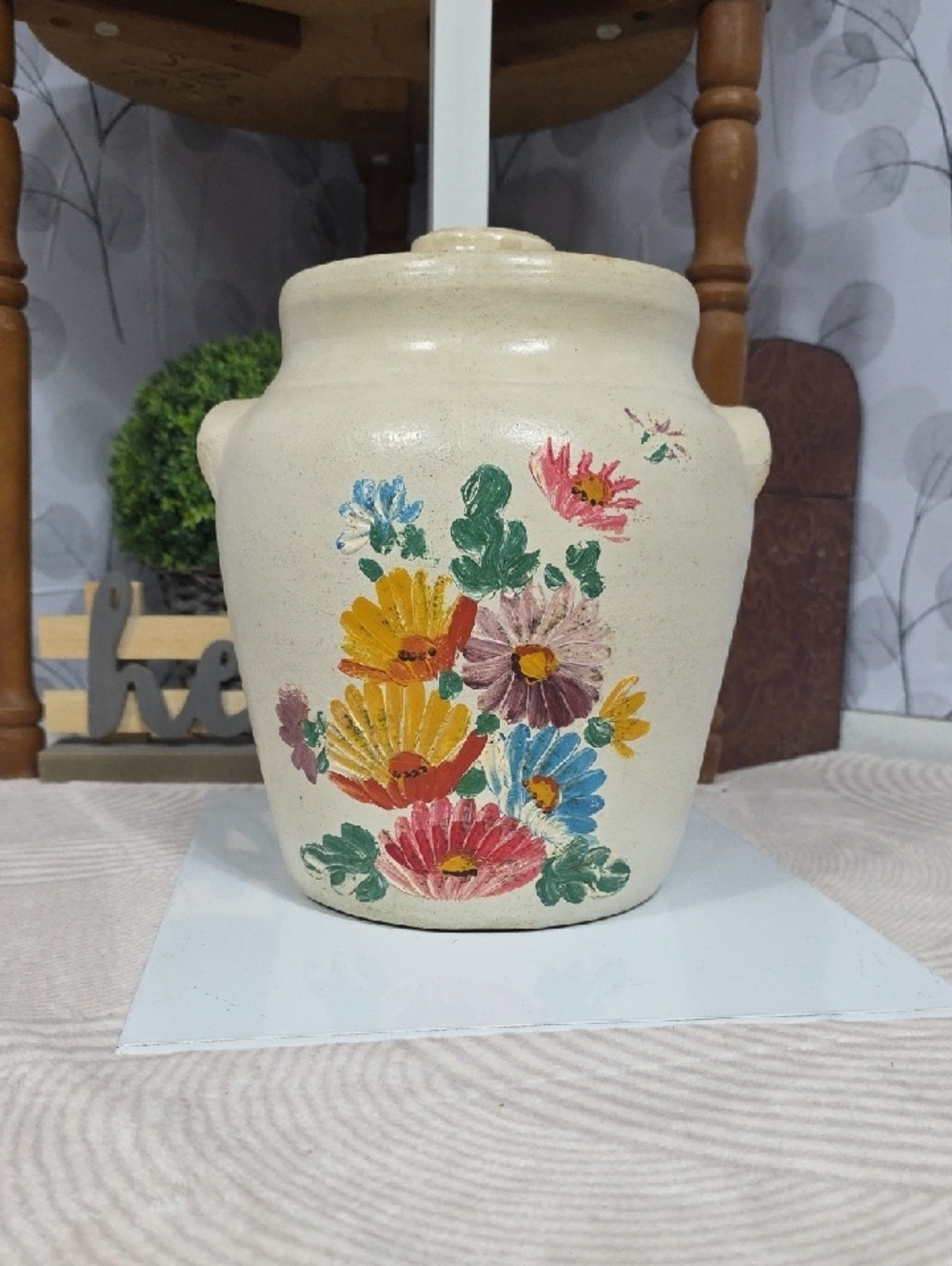Hand-Painted Floral Ceramic Crock - Cream - Picture 2 of 12